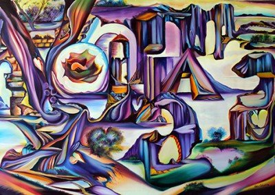 Landscape with Violet letters. Oil/canvas 36” x 26”