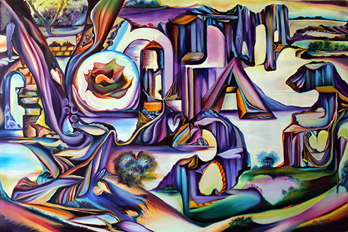 Landscape with Violet letters. Oil/canvas 36” x 26”